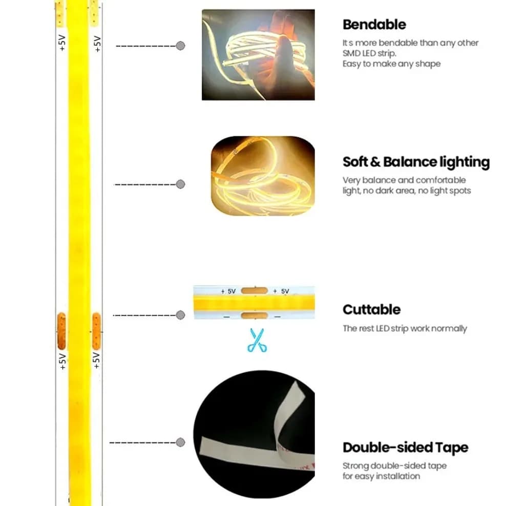 Bande lumineuse LED COB USB, éclairage linéaire haute densité, 320LED/m, flexible, 3000K/4500K/6500K