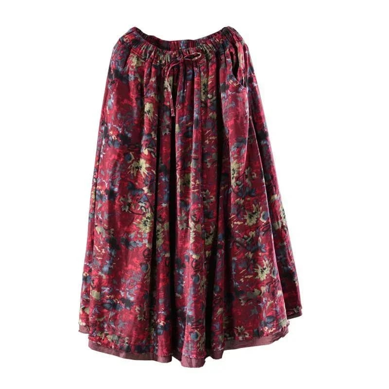A-ligne plissée Vintage jupes pour femmes automne jupe longue florale poches élégant ample taille ha