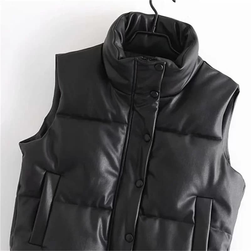 Veste en similicuir PU pour femme, gilet en duvet, PU noir, glaçure bouffante, parkas optiques, stre
