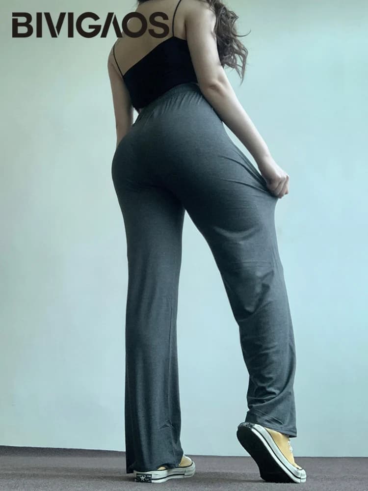 Femmes printemps été mince Modal jambe large pantalon élastique cordon extensible drapé gris taille 