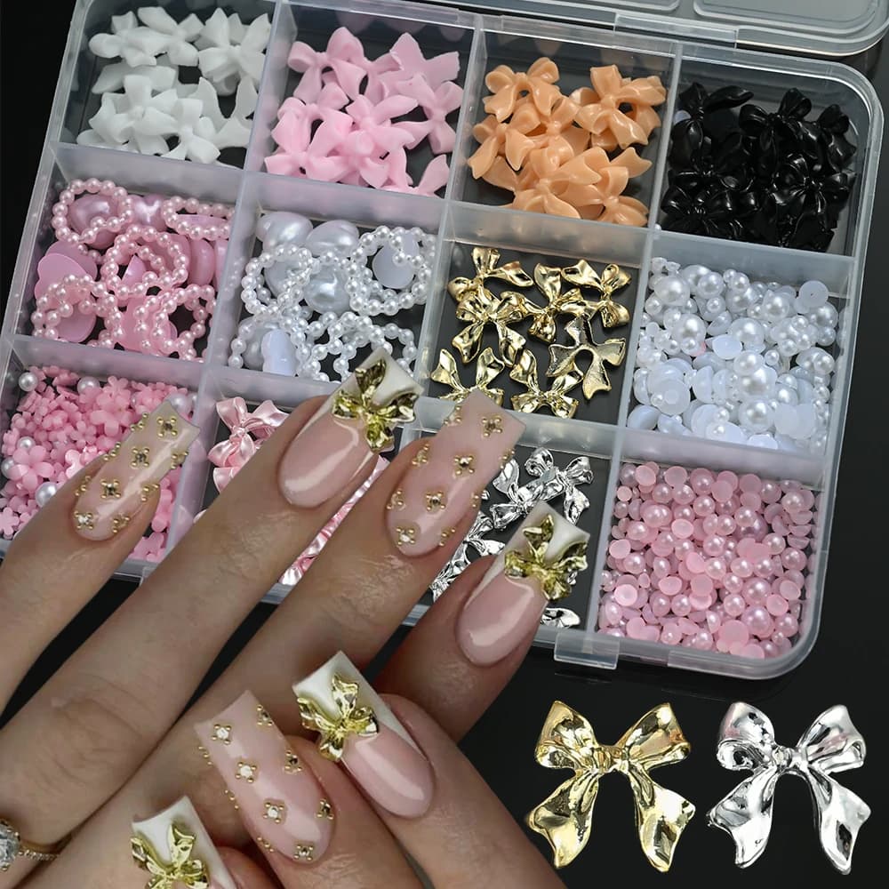 12 grilles 3D ruban multicolore fleur Nail Art breloques simulés pétales amour, nœud papillon en mét