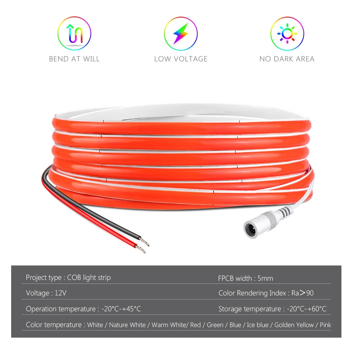 Bande lumineuse LED COB monochrome Super brillante, Flexible, 5MM de largeur PCB, bande néon Ultra f