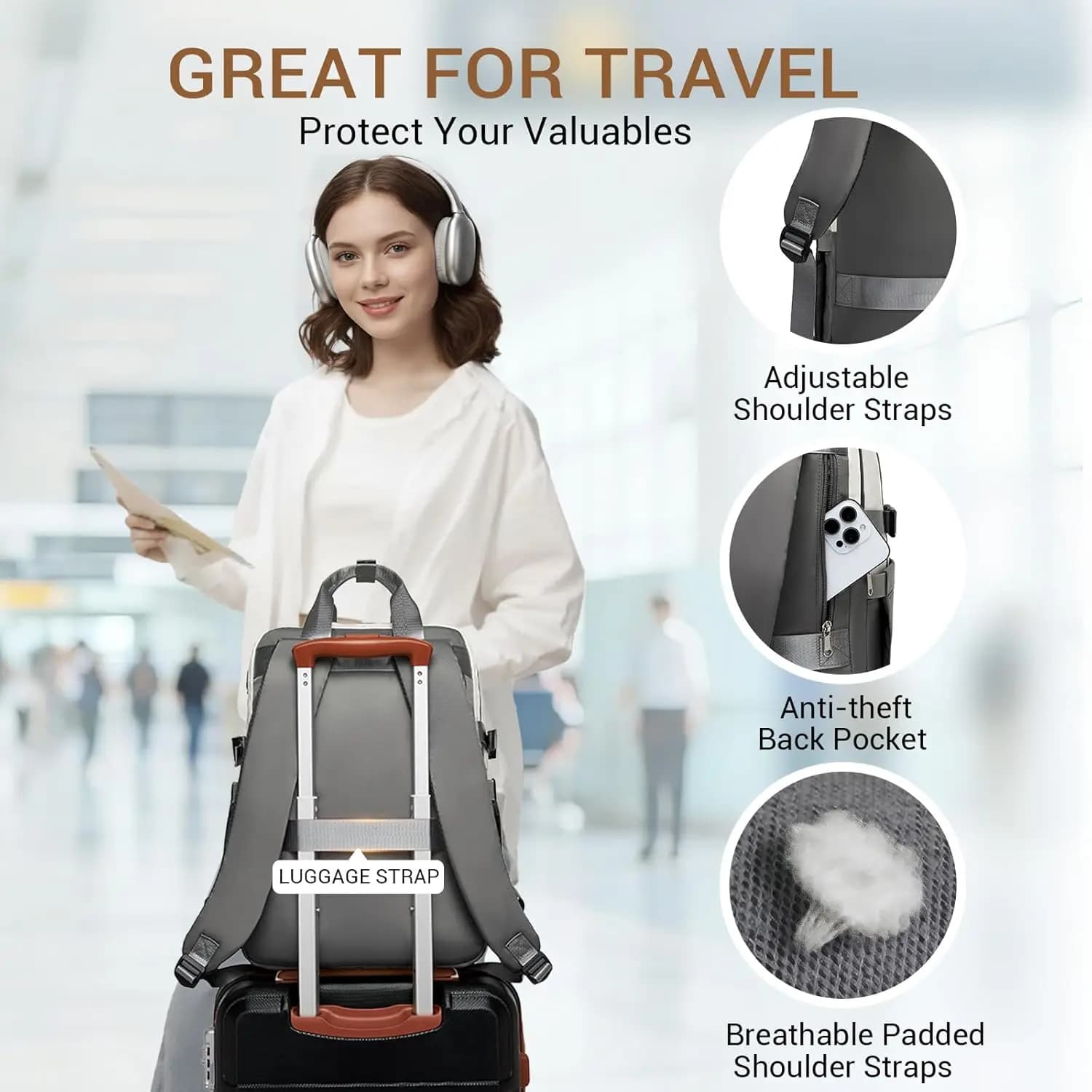 Sac à dos pour ordinateur portable KONO 15,6 pouces, léger, imperméable, antivol, avec poche frontal