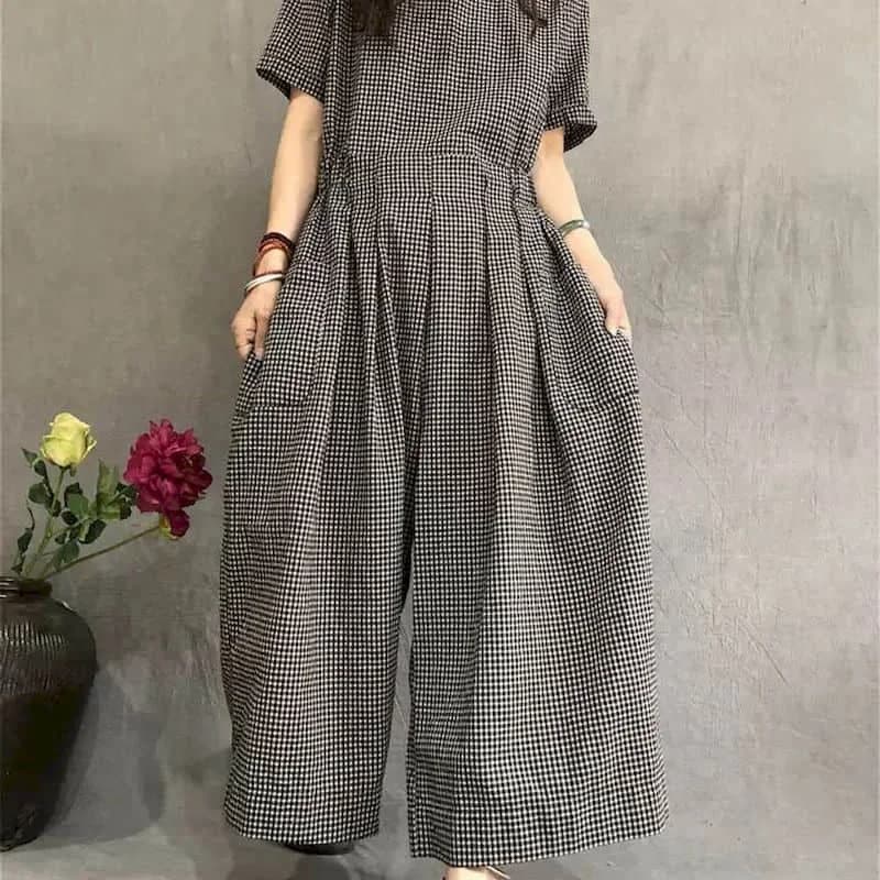 Combinaisons femmes coton lin manches courtes combishorts une pièce tenue femmes à lacets taille hau