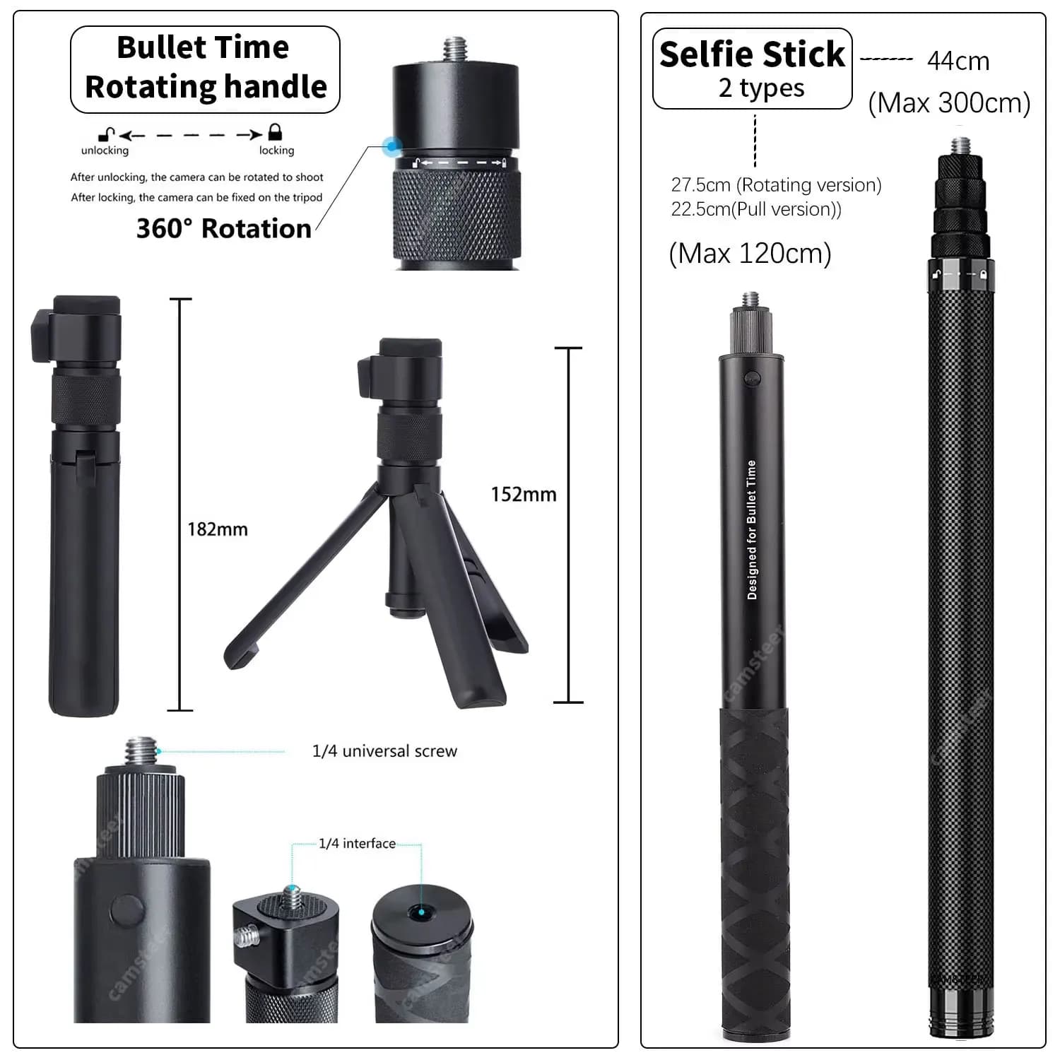 Trépied à poignée rotative Invisible en Fiber de carbone, 1.2m, 3m, pour GoPro Max2 Insta360 X5 X4 D