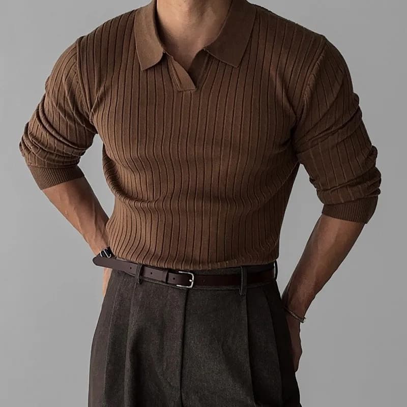 Polo de luxe en Jacquard tricoté pour hommes, col en v, couleur unie, manches longues, populaire cor