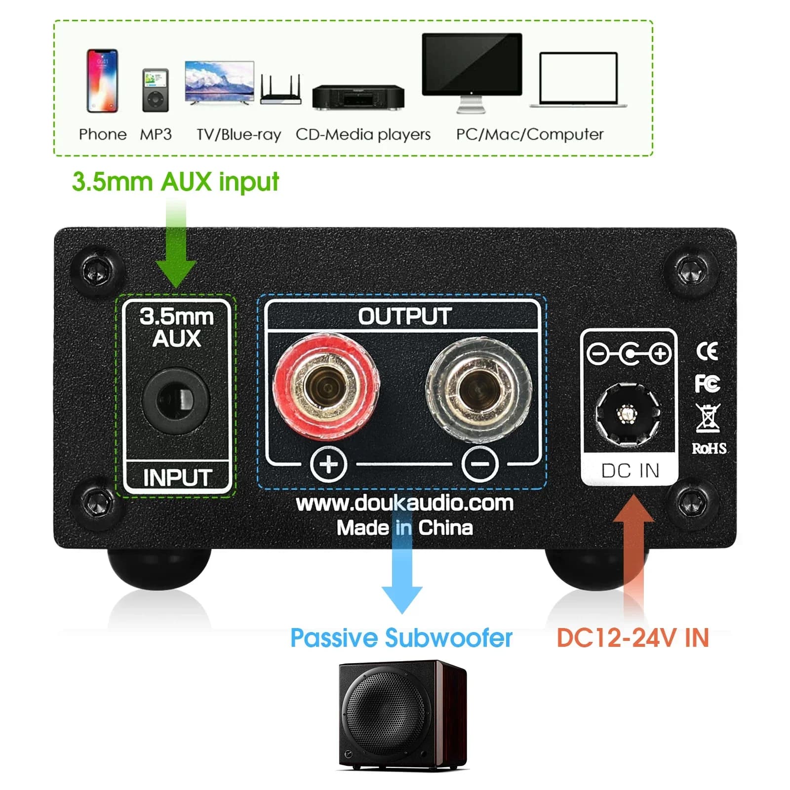 Douk Audio NS-03G Mini caisson de basses 100W/canal Mono pleine fréquence TPA3116 amplificateur numé