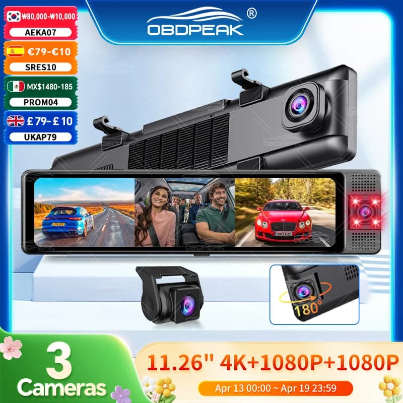 OBDPEAK Caméra embarquée 3 caméras 4K DVR Voiture Avant Intérieur Arrière 1080P Suivi GPS Vision Noc