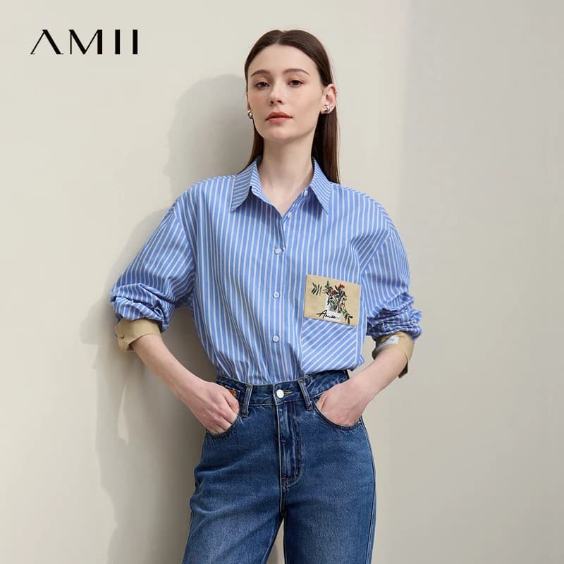 Chemisier Amii pour femme, nouvelle collection printemps 2026, broderie florale, col à revers, rayur