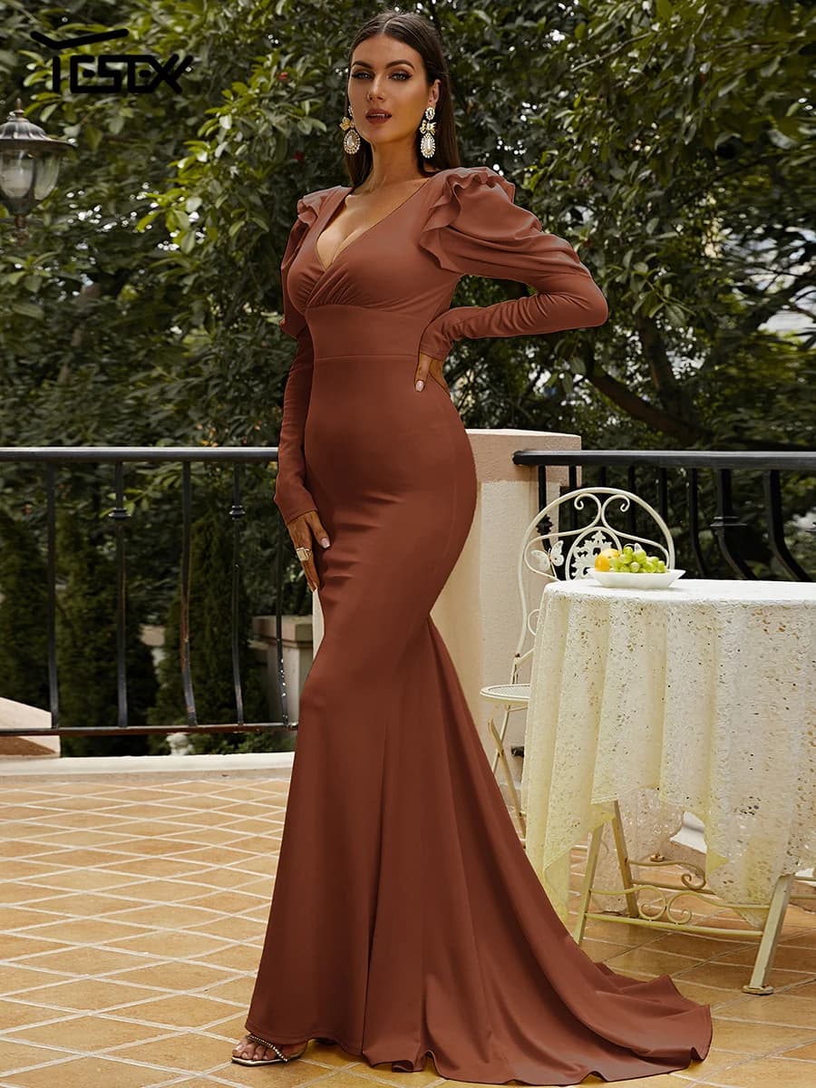 Yesexy-Robe de Rhsirène marron pour femme, manches longues bouffantes, tendance estivale, 2023