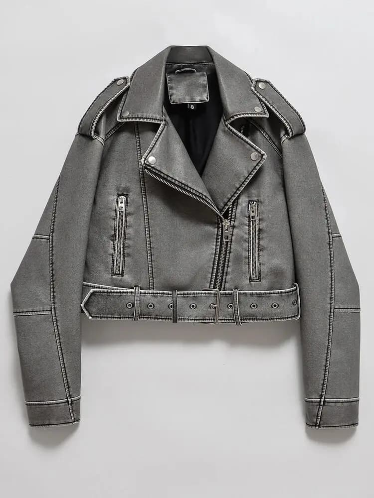 Femmes Vintage ample lavé Faux cuir veste courte Streetwear femme fermeture éclair ceinture Moto Bik