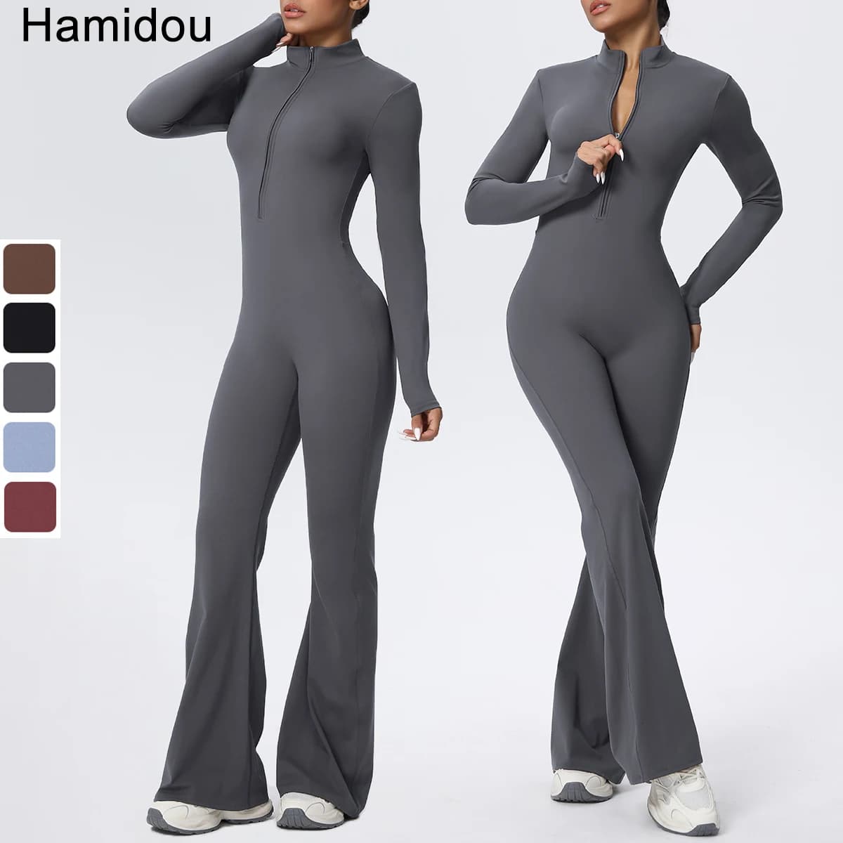 Femme couleur unie combinaison Yoga costume demi fermeture éclair Scrunch sport Fitness vêtements gy