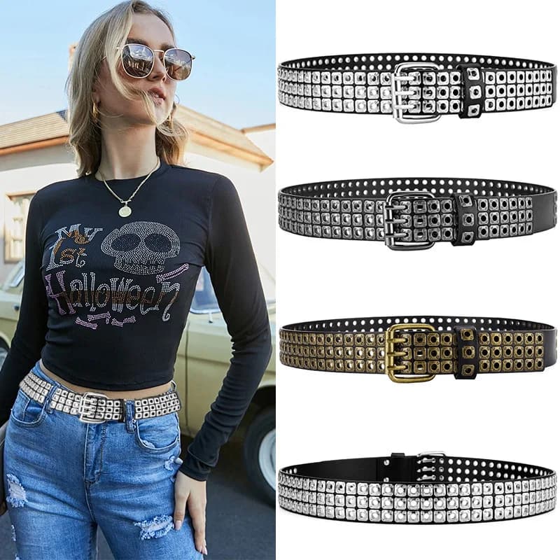 Ceinture pour femmes, perles carrées à la mode, clous en saule, trois yeux d'échappement, Punk Stree