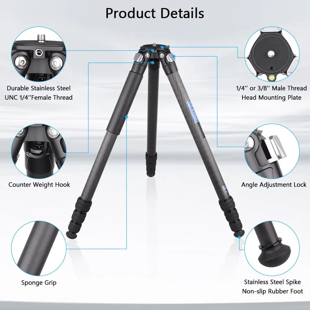 ELK 158cm Compact Carbon Fiber Trépied 32mm Tube rapDuty Camera Travel Trépied pour appareil photo r