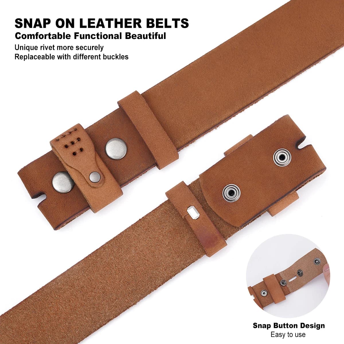 BISON DENIM Ceinture pour hommes en cuir véritable, ceintures vintage en cuir sans boucle, ajustemen