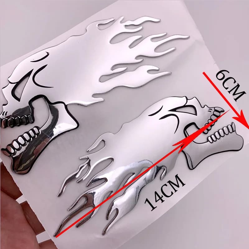 2 pièces/Piar argent 3D feu fantôme tête de crâne Auto ouragan Chrome placage moto autocollants