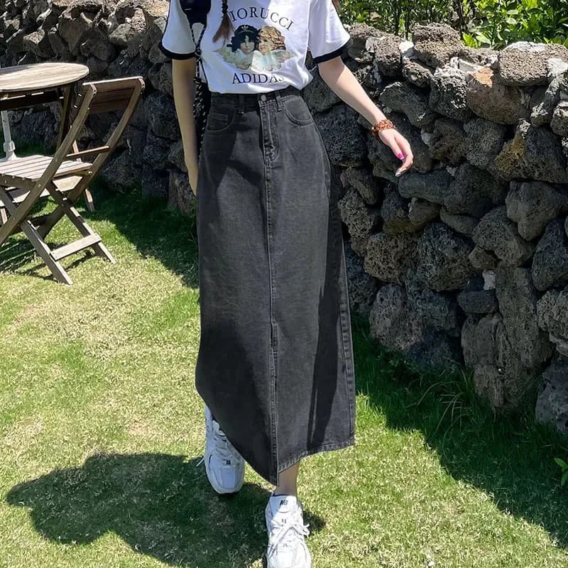 Xpqbb-Jupe Midi en Denim pour Femme, Taille Haute, Fente Frontale, Longue, Coréenne, Streetwear, Déc