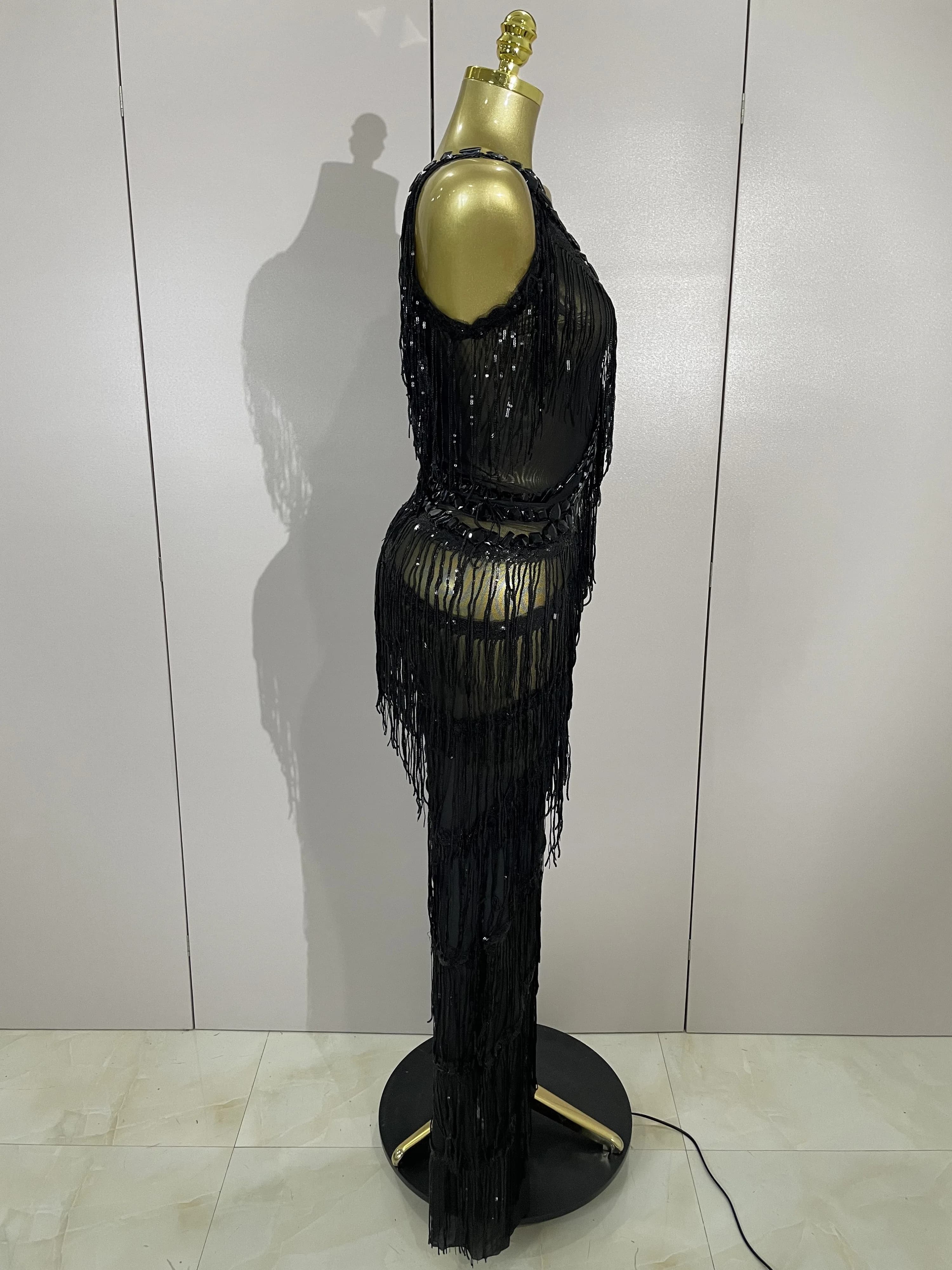 Combinaison à franges et paillettes pour femmes, strass noirs scintillants, tenue Sexy pour boîte de