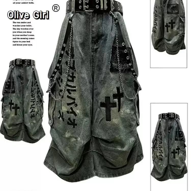 Grande taille crâne croix femmes jean pantalon Denim pantalon américain rétro ambiance jambes larges
