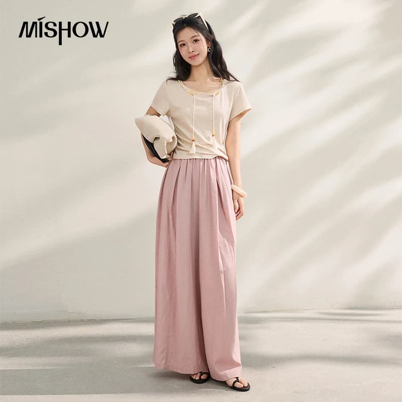 MISHOW Lyocell Nouveau pantalon décontracté pour femme, large, plissé, fluide, amincissant, longueur
