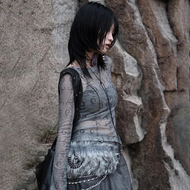 Haut court transparent en maille grunge, t-shirt Y2K transparent, mode coréenne, esthétique Y2k, Har