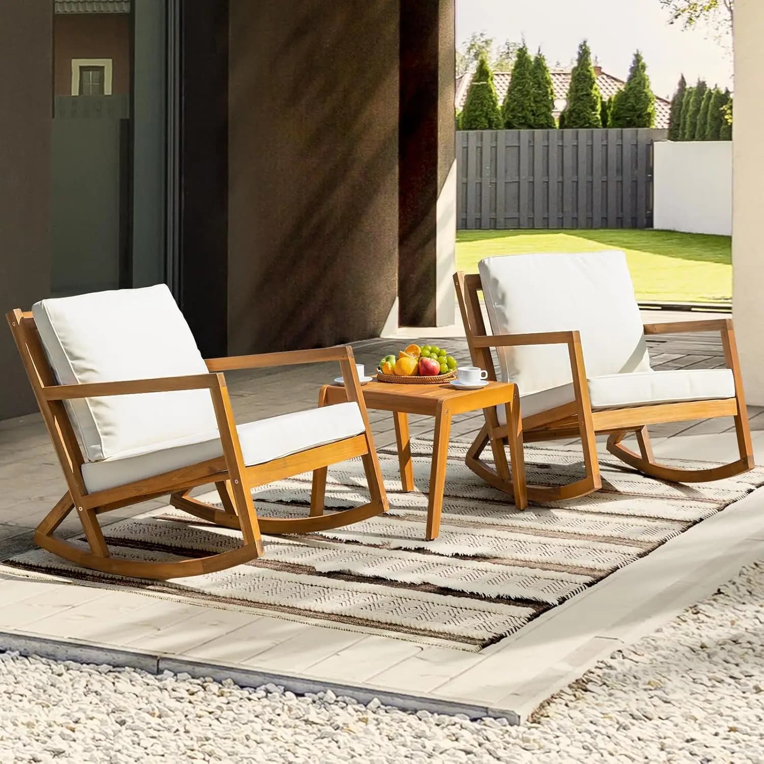 Chaises à bascule design robuste capacité 400lbs ensemble de bistro de patio en bois 3 pièces extéri