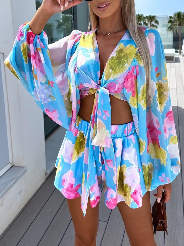 Chemisier à laçage et short slim pour femme, ensemble deux pièces, streetwear, short de plage, tenue