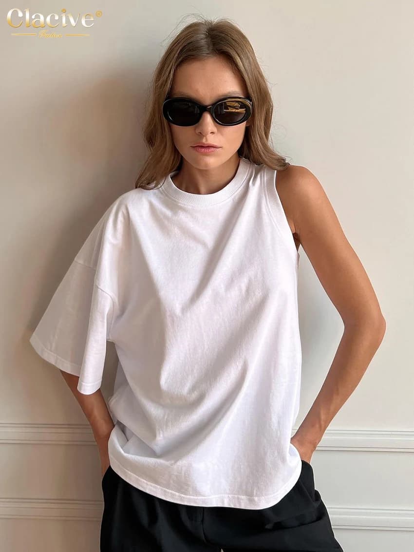 T-shirt manches courtes col rond femme, élégant, Chic, asymétrique, blanc, ample, à la mode, été, 20
