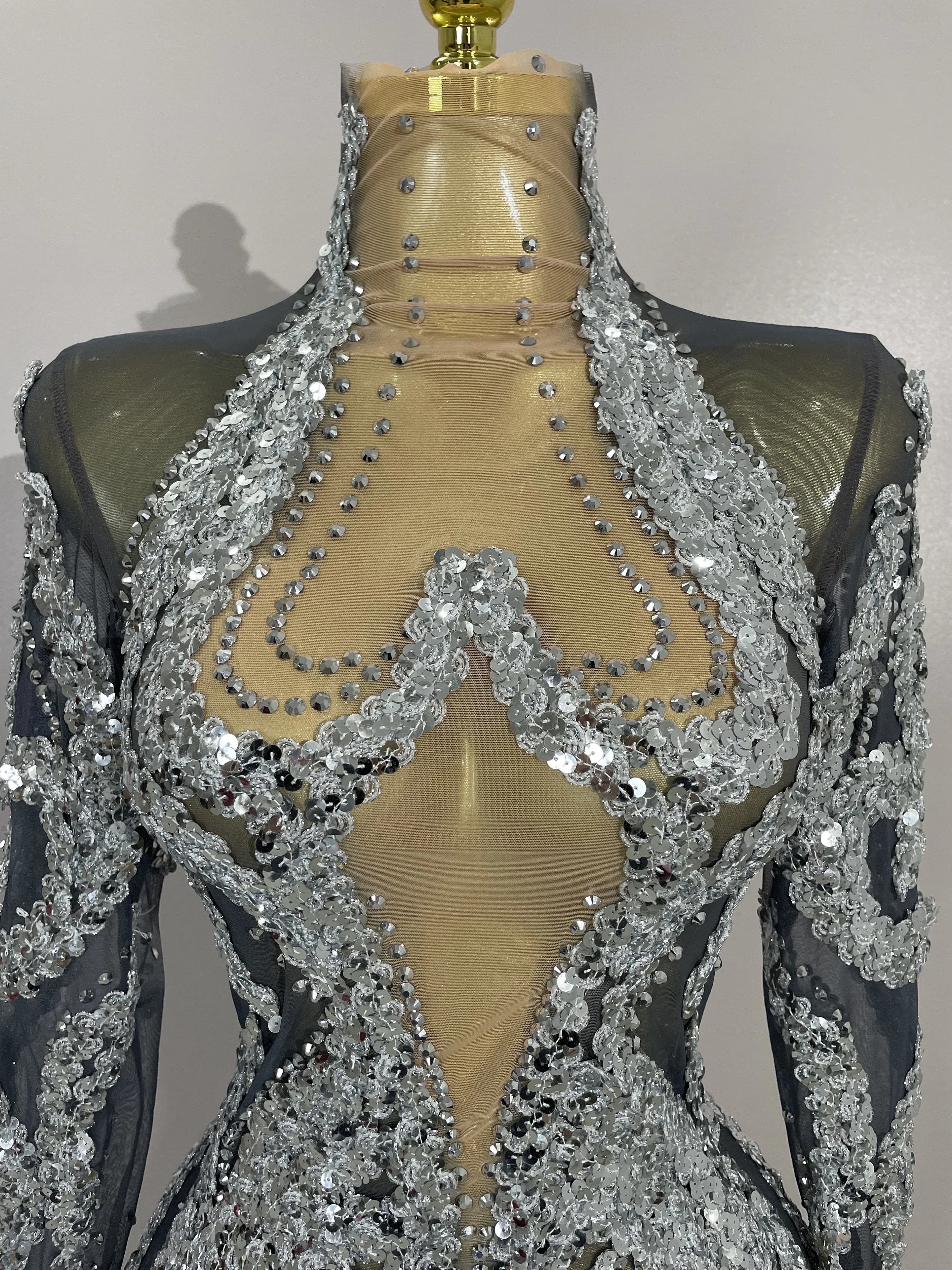 STOCK – tenue de scène Sexy en maille, manches longues, strass scintillants, Mini robe, fête d'anniv