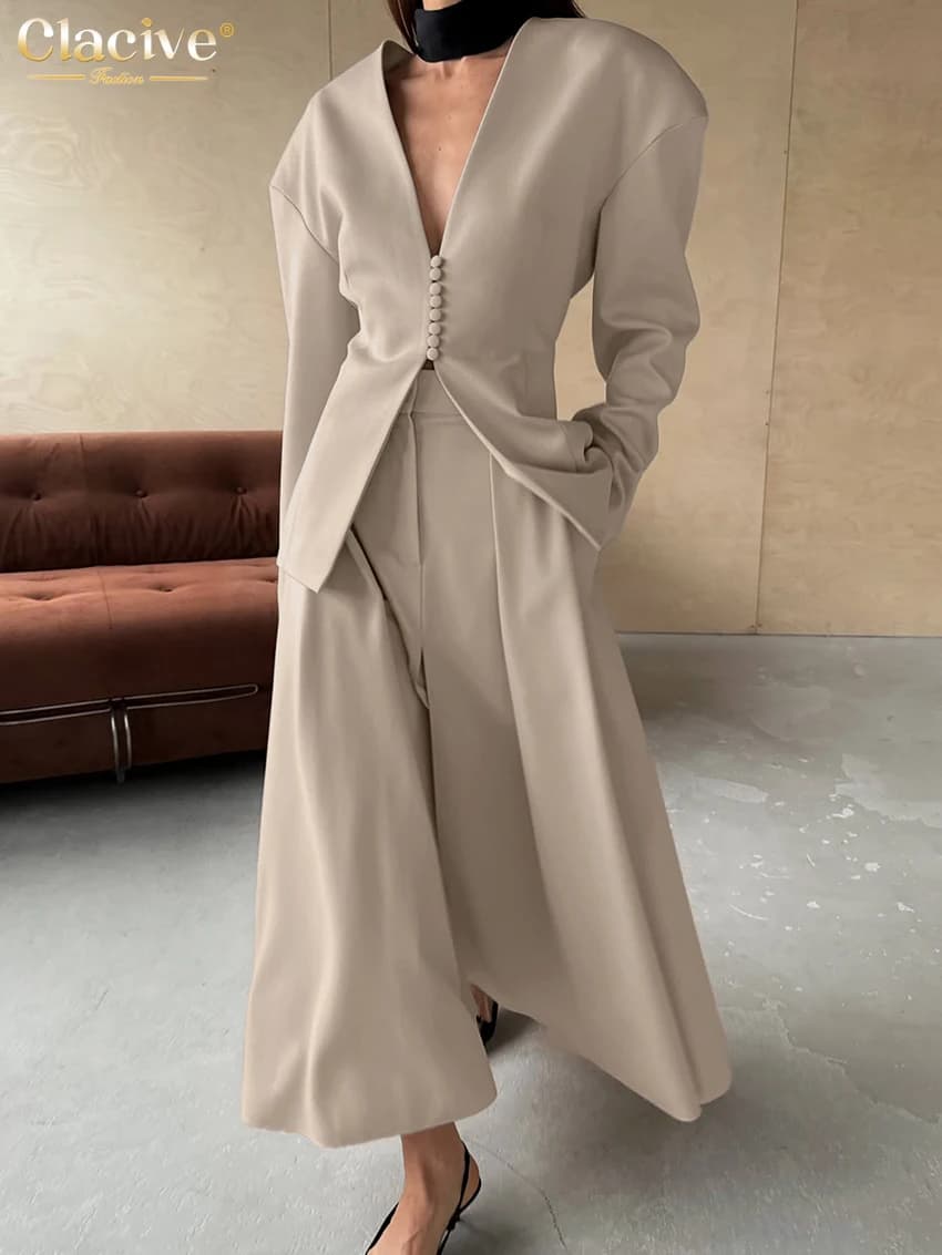 Clacive mode ample kaki bureau femmes deux pièces ensemble 2025 élégant chemise à manches longues av