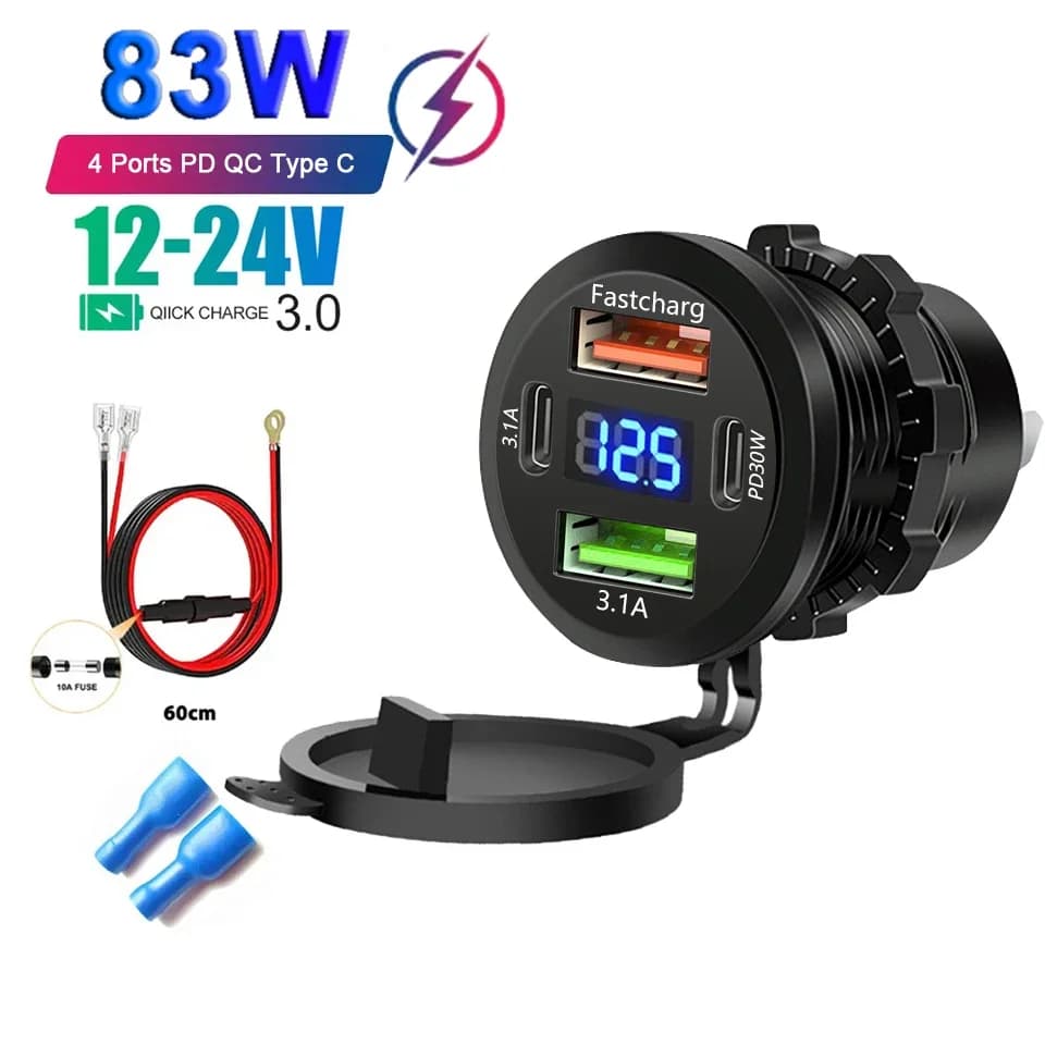 Prise de chargeur de voiture double type-c et double USB, 4 ports, prise de charge rapide, étanche a