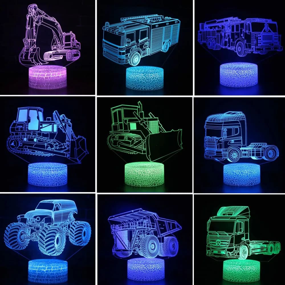 Voiture, camion, tracteur, pelle 3D veilleuse LED tactile Illusion lampe de Table bébé chambre décor