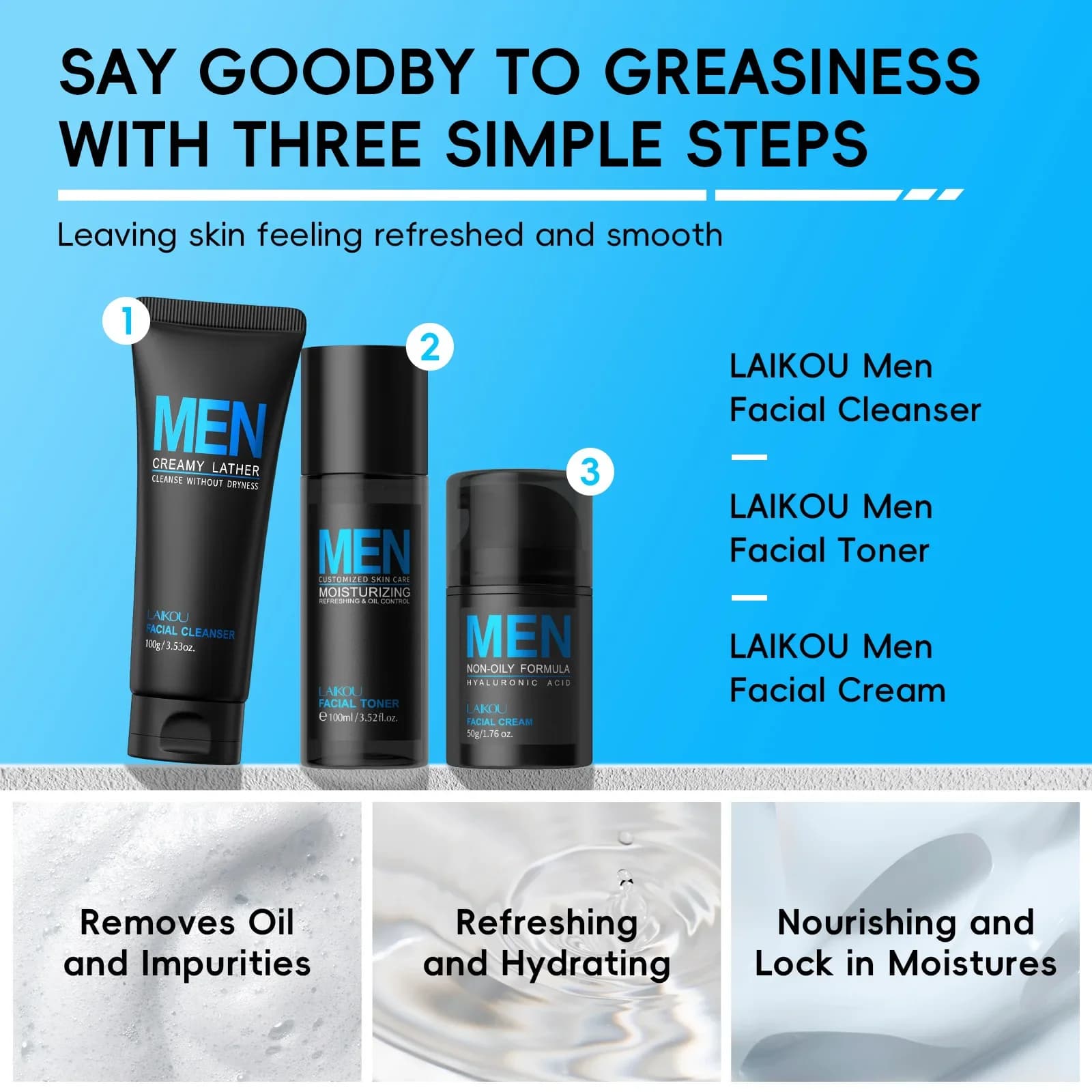 Ensemble de toilettage 3 en 1 pour hommes, crème Toner nettoyante, hydratante, rafraîchissante, cont