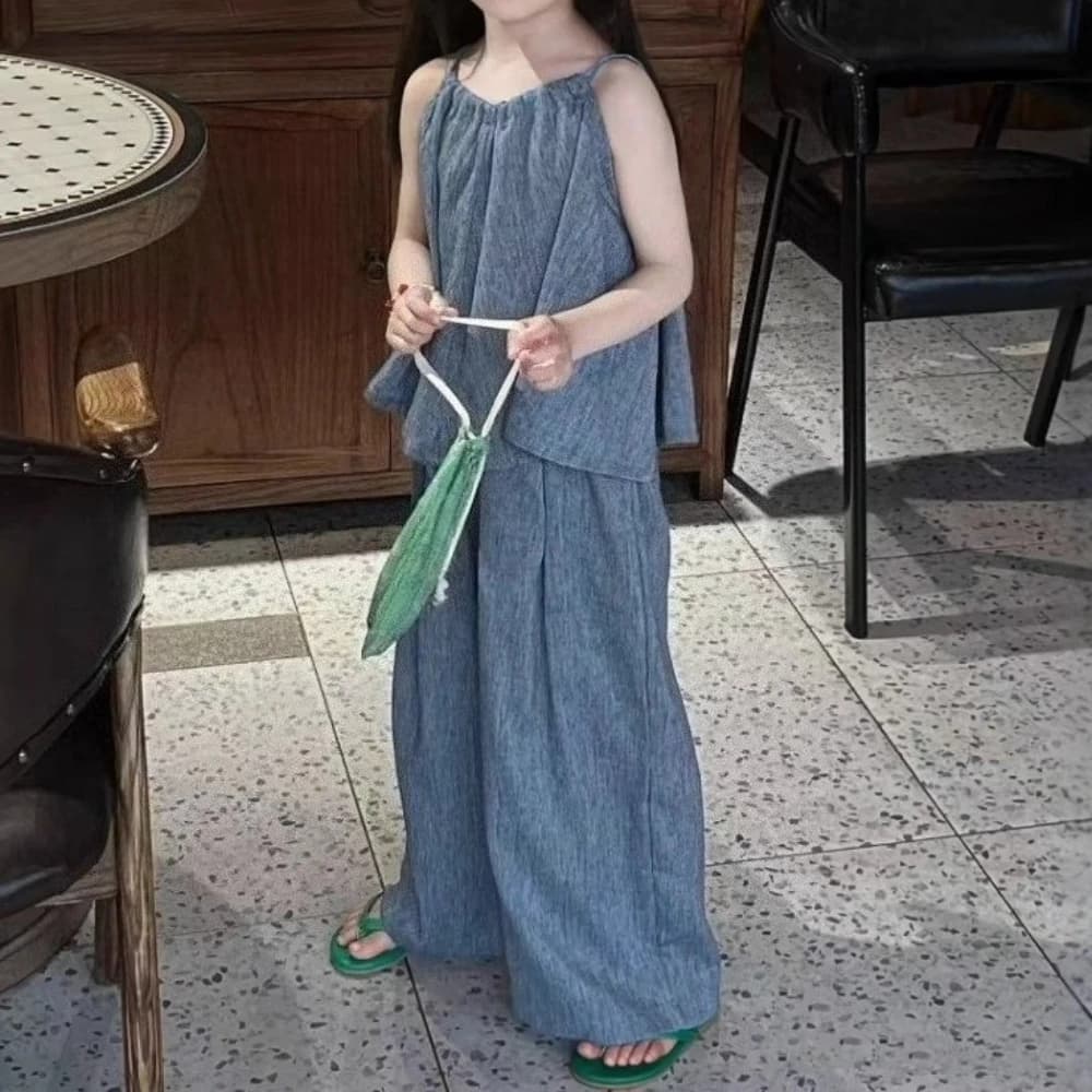 Tenue d'été Simple et décontractée pour filles, haut à bretelles sans manches + pantalon, ensemble 2