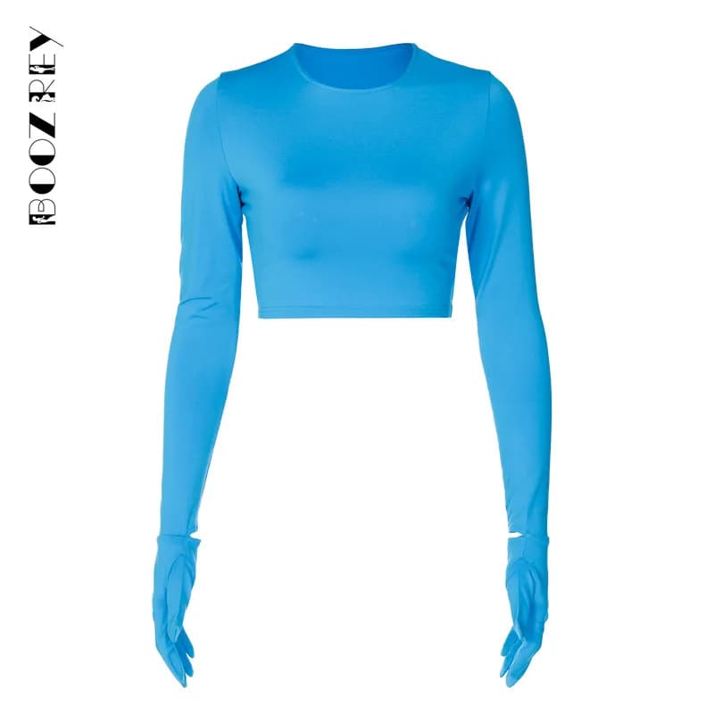 BoozRey Y2K couleur unie mince haut col rond t-shirt femmes mode d'été Sexy manches longues avec gan