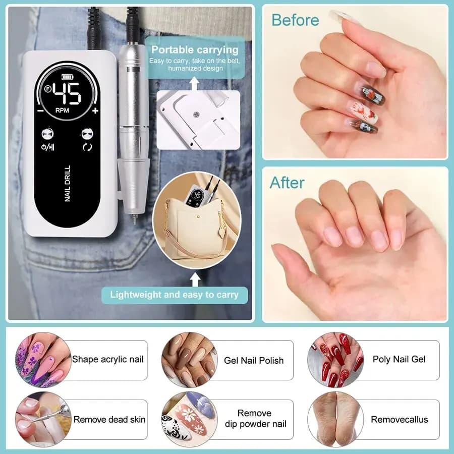 Perceuse à ongles électrique Portable professionnelle 45000 tr/min, lime de ponceuse à ongles Rechar