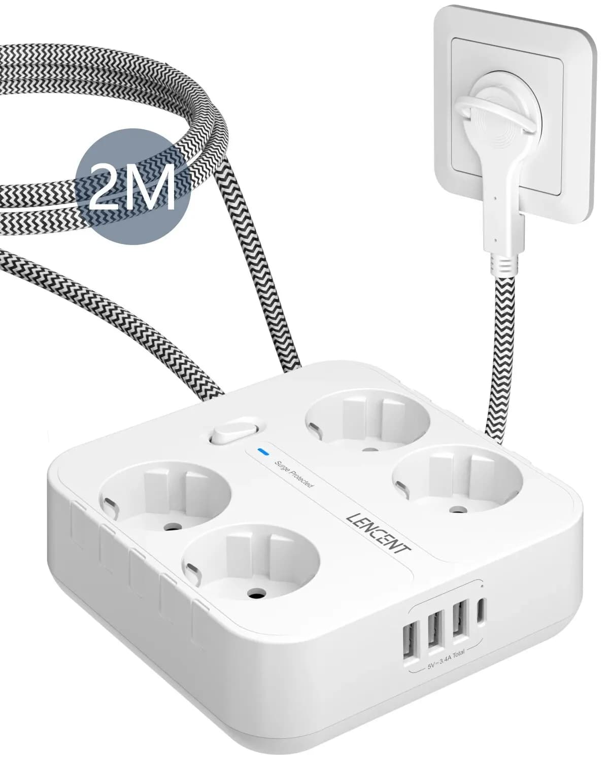 LENCENT-Multiprise EU Plug avec interrupteur pour la maison et le bureau, multiprise avec 4 prises A