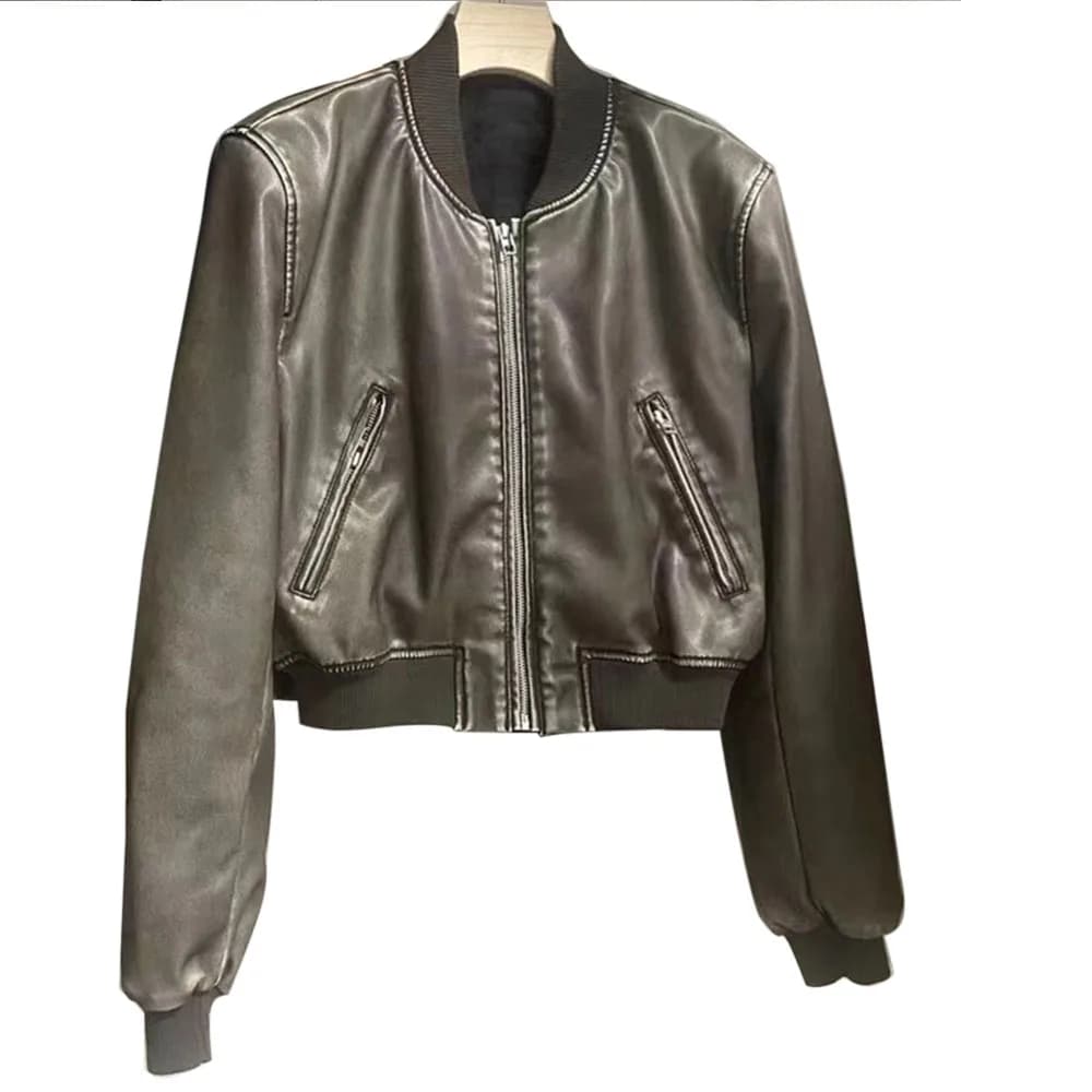 Manteau court en cuir de couleur unie pour femme, cardigan court à fermeture éclair, style rétro, dé