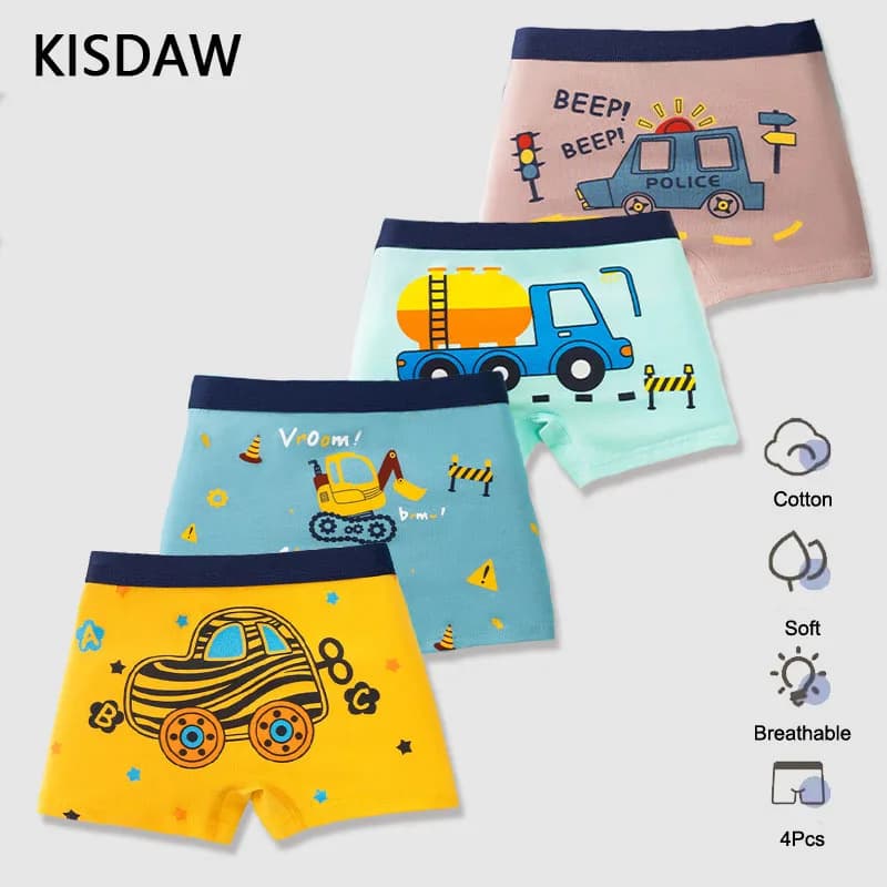Lot de 4 culottes en coton pour garçon de 3 à 14 ans, sous-vêtements respirants pour enfants, motifs