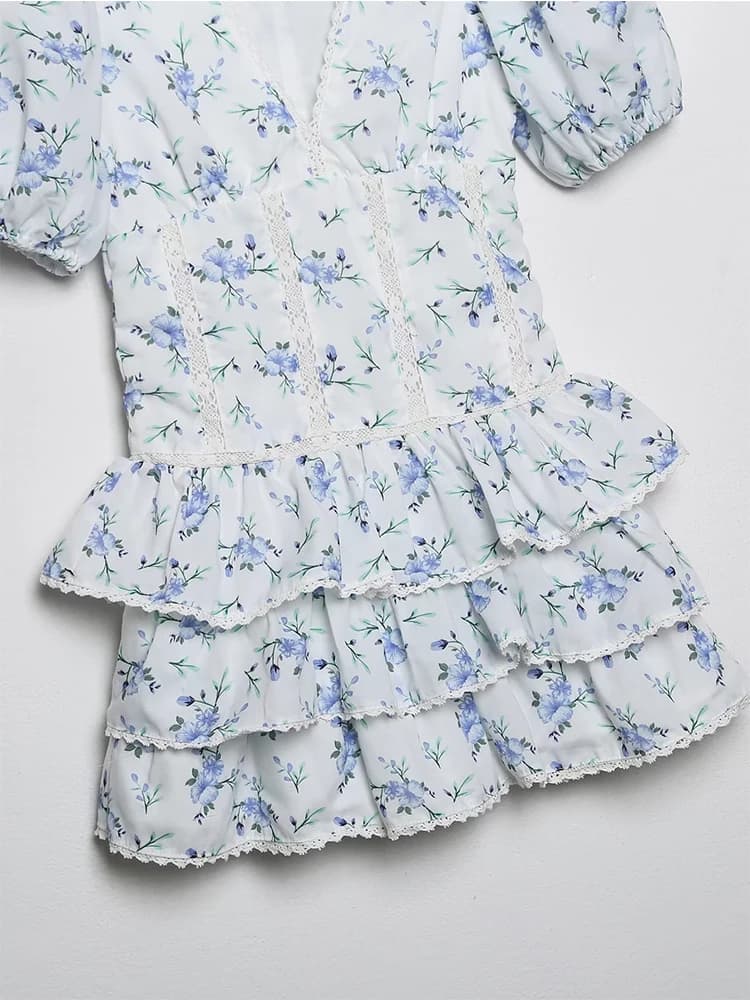 YENKYE-Mini robe à volants en dentelle pour femmes, imprimé floral, manches bouffantes vintage, garn