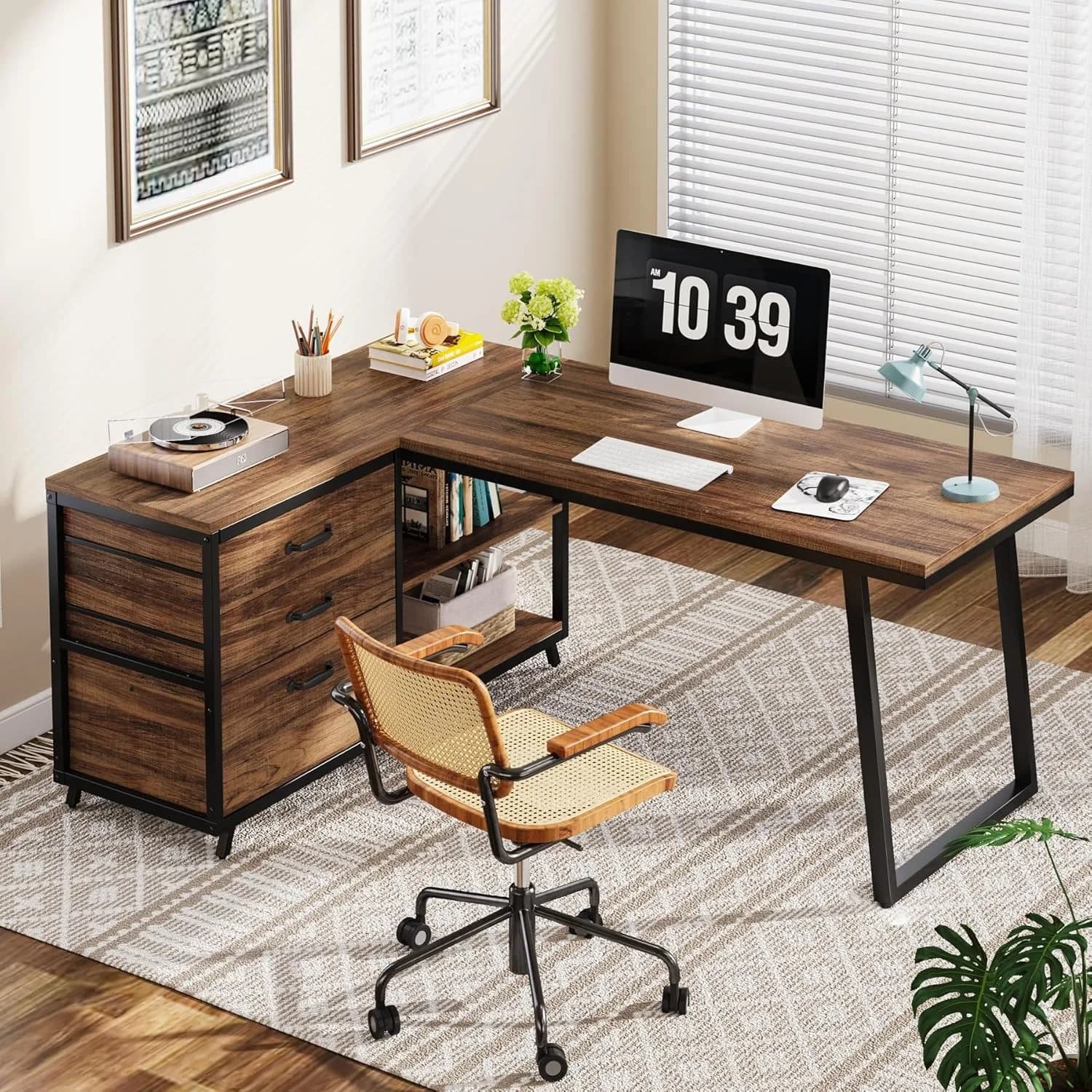 Bureau d'ordinateur en forme de L avec 3 tiroirs, bureau à domicile avec étagères, bureau PC industr