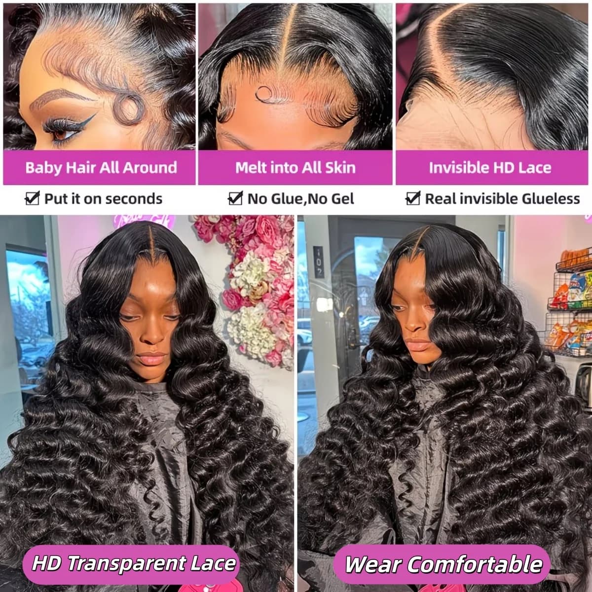 Perruque Deep Wave en cheveux humains, dentelle HD 13x6, bouclée birmane, pré-épilée, sans colle, po
