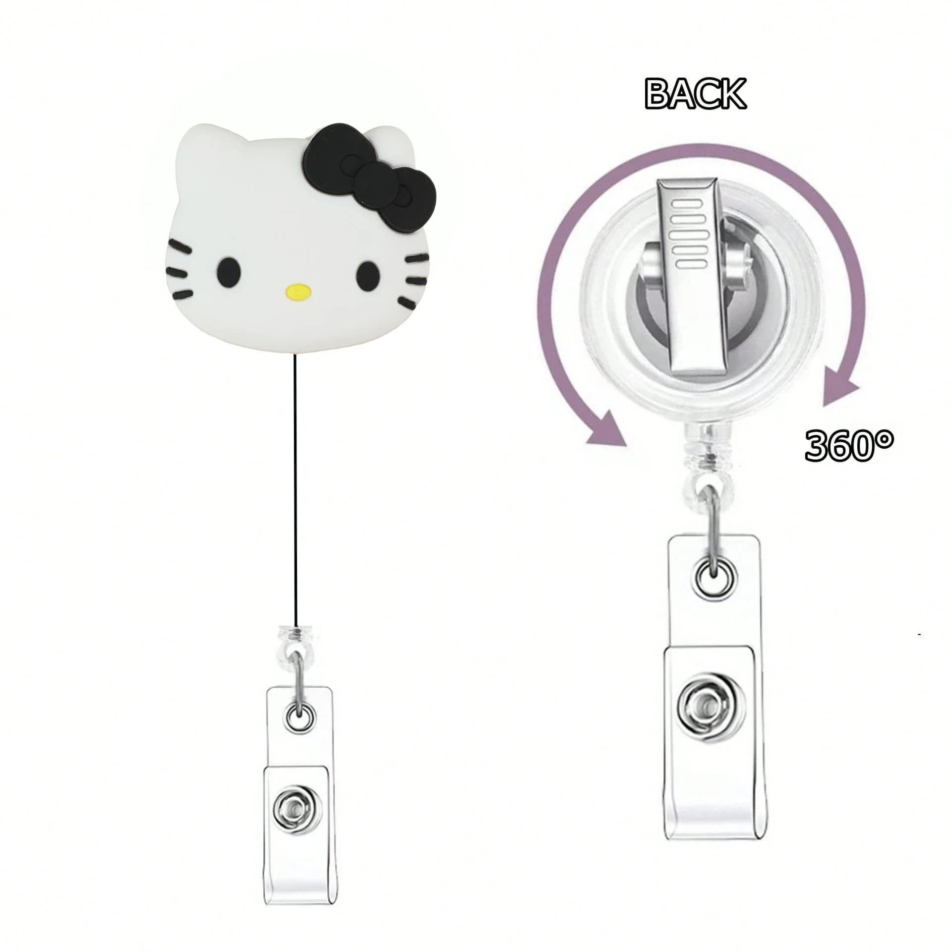 Porte-badge rétractable Sanrio Cat Kawaii en acrylique scintillant 360° °   Spinner avec porte-clés 