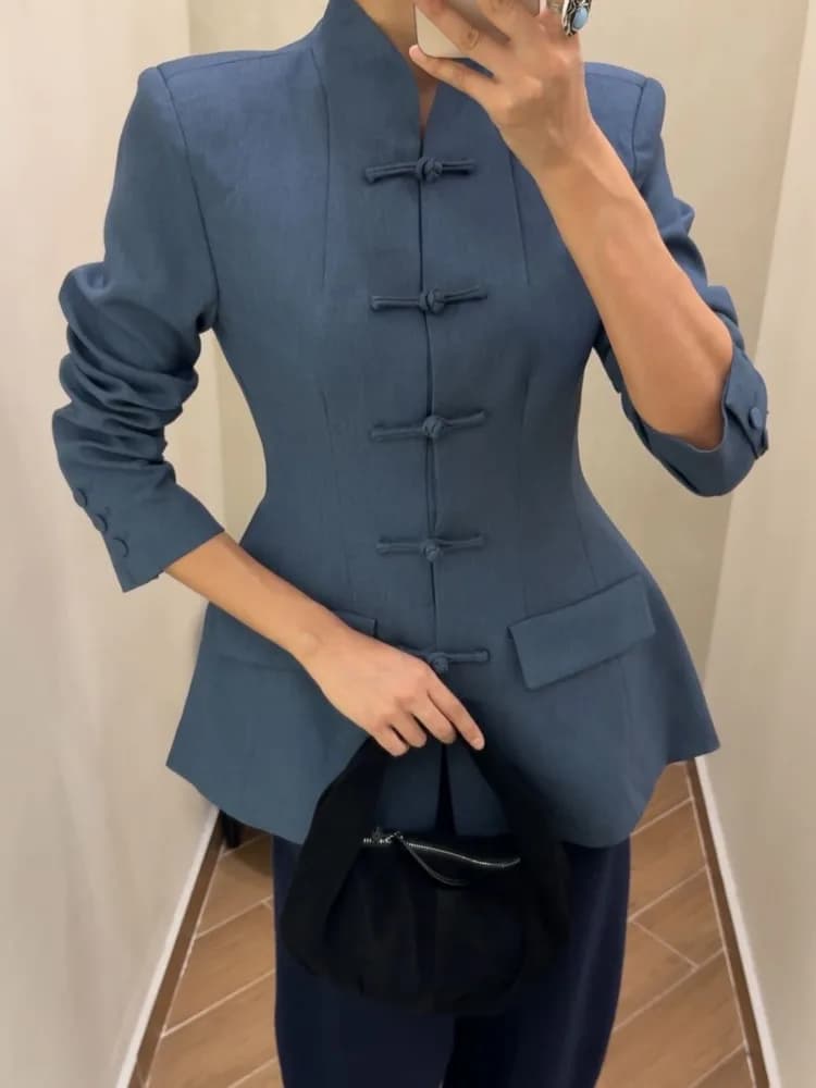 Blazer pour femme BJTZ à col mandarin, manches longues, boutons grenouillère, coupe ajustée, veste d