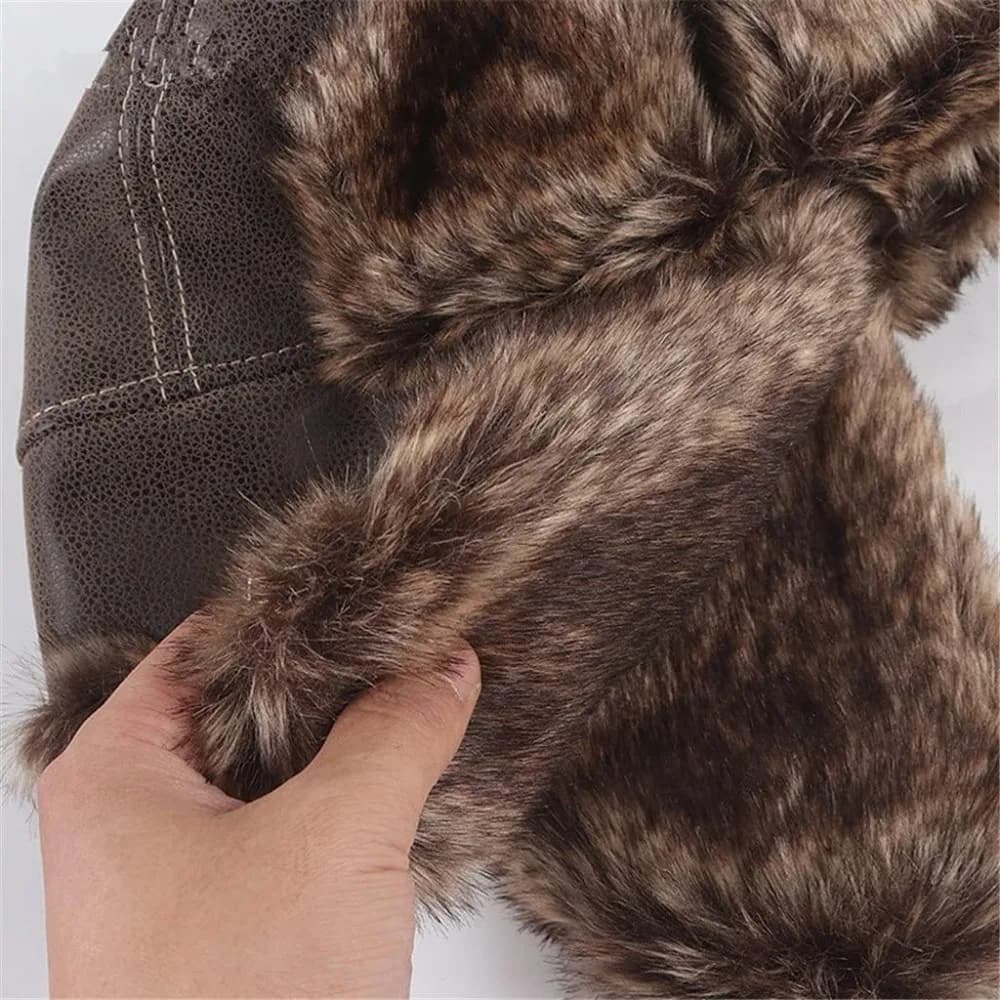 Nouveau chapeau d'hiver en cuir fausse fourrure doublé pilote Ski Ushanka épaissir chaud coupe-vent 