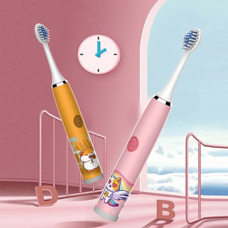 Brosse à dents électrique pour enfants, dessin animé, avec tête de remplacement, Ultra sonique, étan