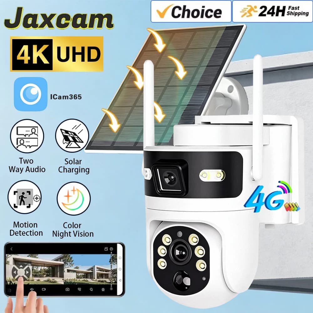 Caméra solaire 4G avec carte SIM, 8MP, 4K, double objectif, double vue, moniteur, vision nocturne co
