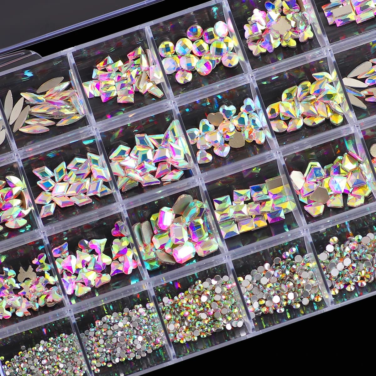 1 boîte de kits de diamants pour ongles 3D multi-formes-24 grilles de pierres précieuses en cristal 