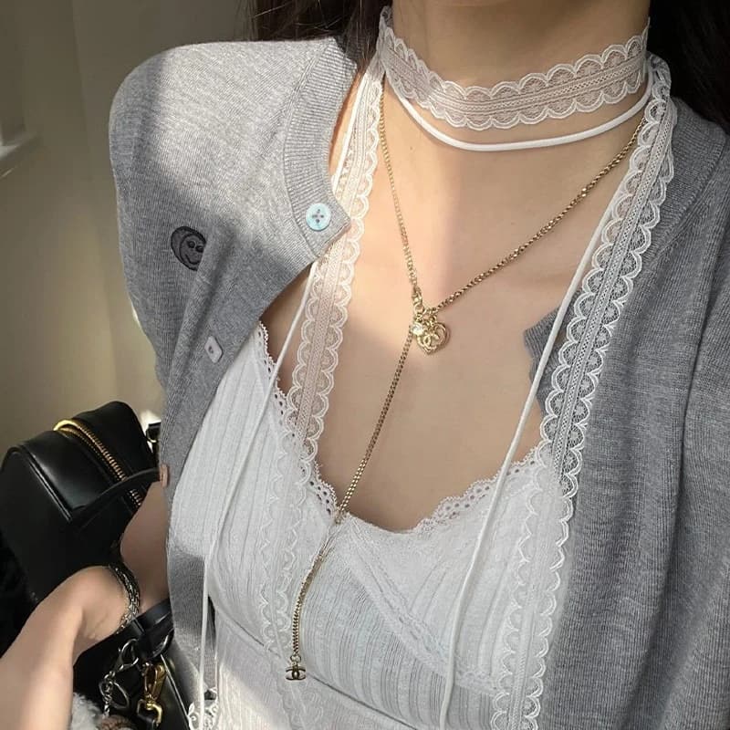 Mode coréenne douce dentelle écharpe nœud papillon cravates femmes été mince maille fleur longue pet