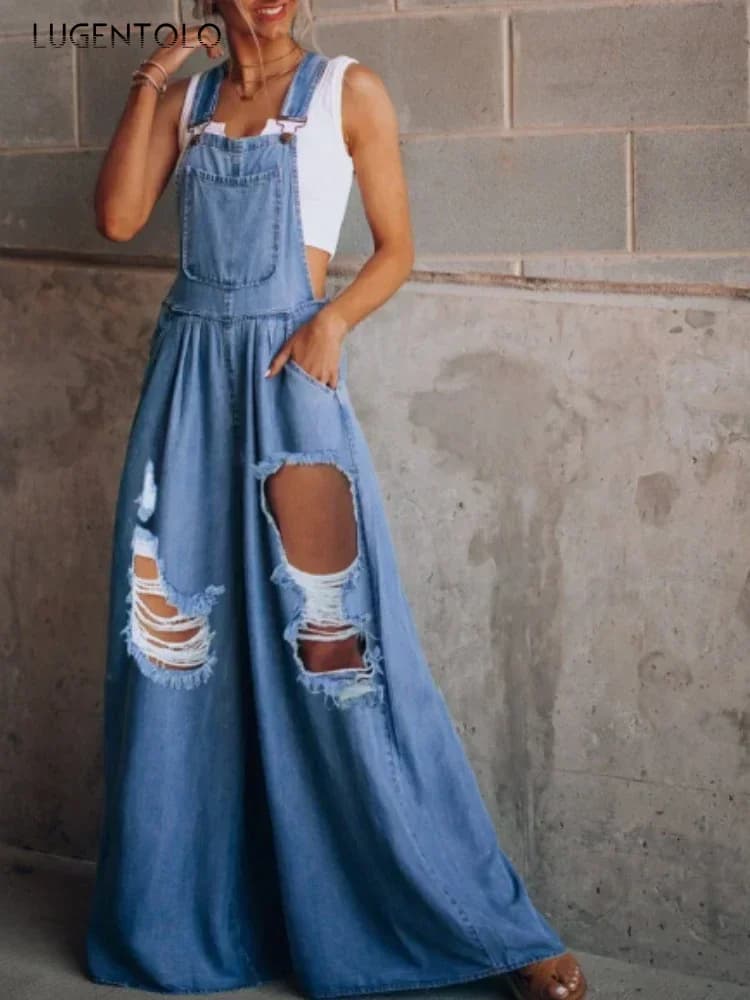Salopette en Denim pour Femme, Salopette à Jambes Larges, avec Poches, Taille Haute, Mode de Rue, Br